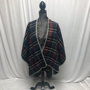 Reversible Shawl Womens One Size Red White Blue Plaid Black White Wrap Cape NEW